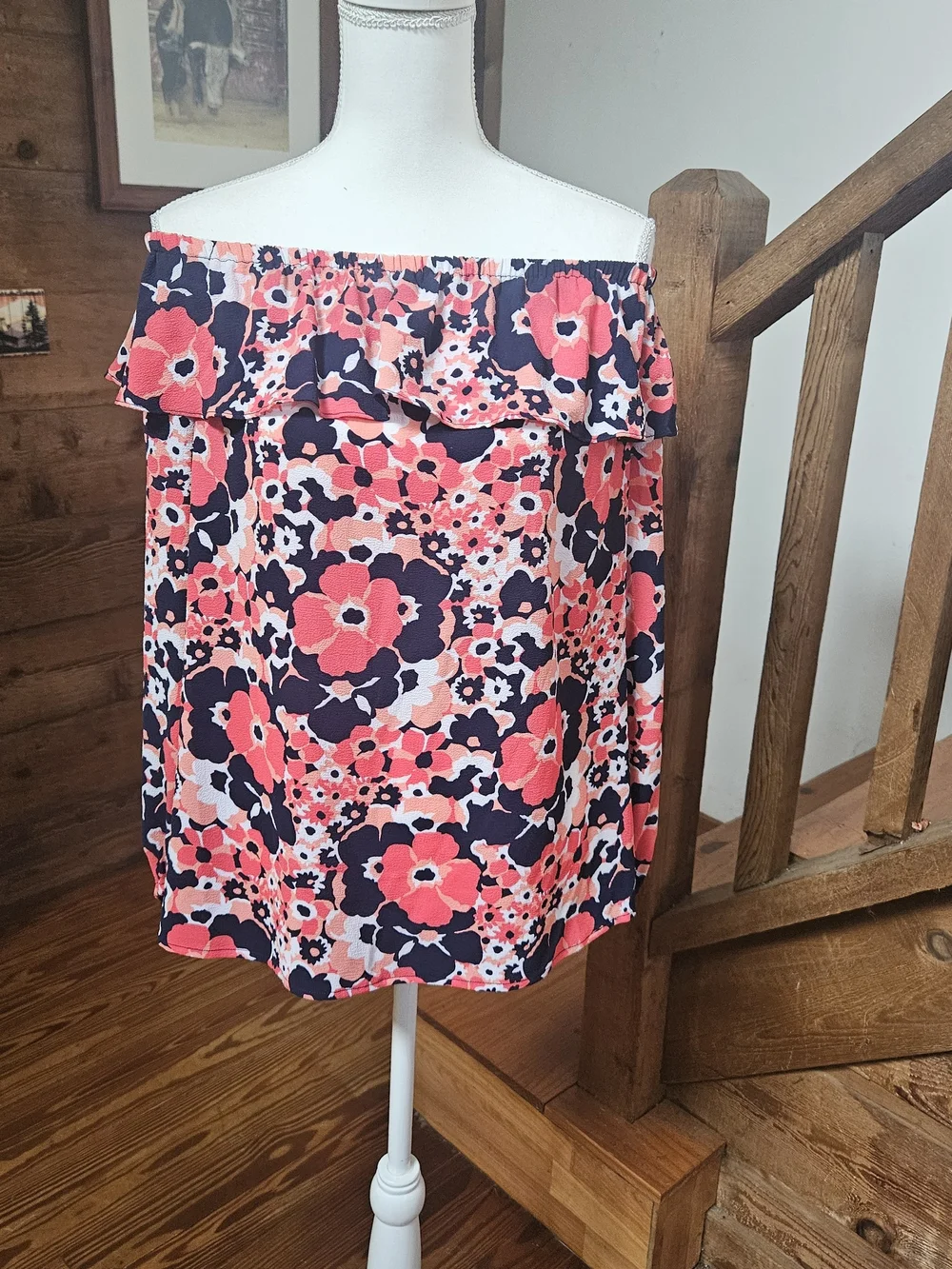 Michael Kors Coral & Navy Floral Off-Shoulder Blouse